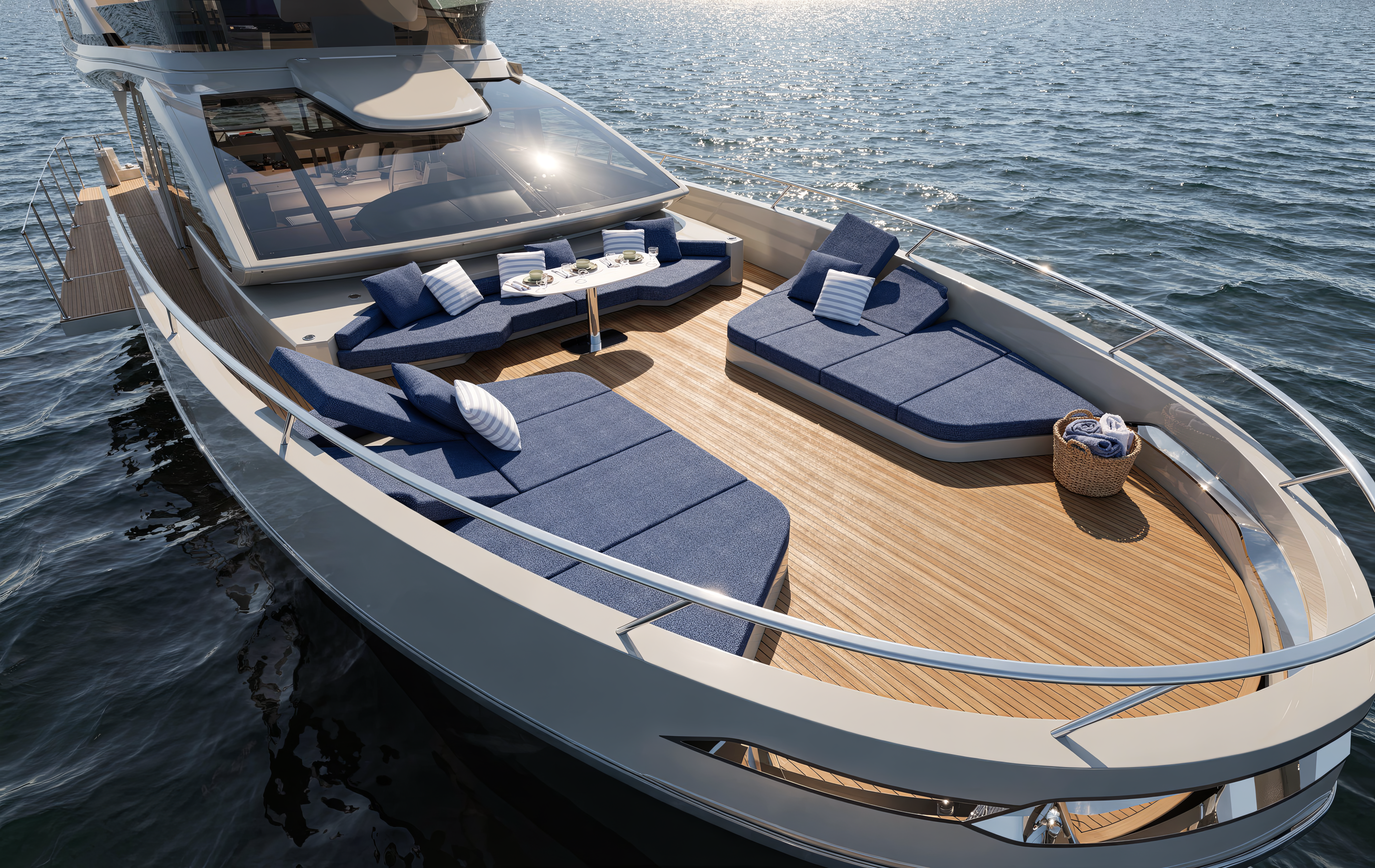 Deck de proa da Intermarine 25M com lounge